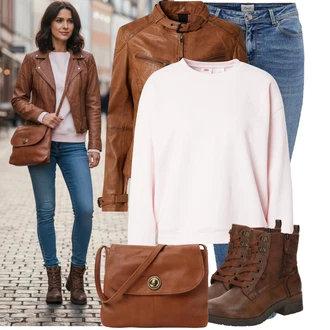 Outfit s Oranžová/Hnědá Motorkářská bunda/Kožené Bund/Kožená Bomber Bund/Bunda z Umělé Kůže/Motorkářské Bund/Kožená vintage bunda Maze, Růžová Sportovní mikina/Fleecová Mikina/Kožená bunda levi's ® "Cool každodenní outfit"