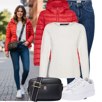 Outfity z džínu Zima s Červená Prošívaná Bunda/Nafukovací Bund/Zimní Bund/Udržitelná bunda/Puchová Bund/Péřová Bunda/Sbalitelné Bund/Bunda s Kapucí/Letní peřová bunda Only, Krémová/Khaki/Bílá/Béžová Jednoduchý Svetr/Svetr s límečkem/Svetr Carmen/Basic Svetr/Kašmírový Svetr/Termo Svetr/Rolák/Svetry 2 v 1/Svetr z Jemné Pleteniny VERO MODA "Cool každodenní outfit"