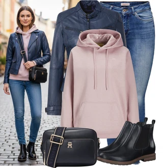 Outfit s Tmavě modrá/Světle modrá/Modrá Kožené Boty/Džín s Nízkým Pasem/Push up Džín/Džíny s Rozparkem/Džíny s Nízkým Sedem/Slim Fit Džíny/Navlékací džíny/Kotníková Bota/Kožená bunda/High Waist Džínové Kalhoty/Zimní bunda Only "Cool každodenní outfit"