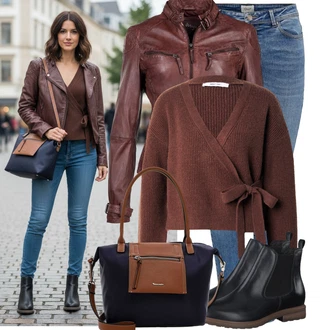 Outfit s Červená/Hnědá/Tmavě červená/Tmavě Hnědá Kožená Bomber Bund/Kožené Bund Bunda z Umělé Kůže/Motorkářská bunda/Motorkářské Bund/Kožená vintage bunda Maze "Skvělý vzhled na jaro"