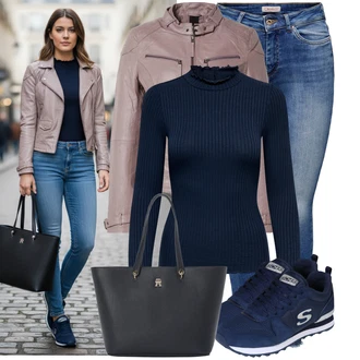 Styl Outfit s Tmavě modrá/Světle modrá/Modrá Slim Fit Džíny/Džín s Nízkým Pasem/High Waist Džínové Kalhoty/Push up Džín/Zimní bunda/Džíny s Rozparkem/Kotníková Bota/Navlékací džíny/Džíny s Nízkým Sedem/Kožené Boty Only "Skvělý vzhled na jaro"