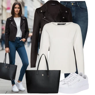 Outfit s Tmavě modrá/Světle modrá/Modrá High Waist Džínové Kalhoty/Push up Džín/Zimní bunda/Navlékací džíny/Kožené Boty/Termální Džíny/Motorkářské Džíny Only "Stylová kombinace na jaro"