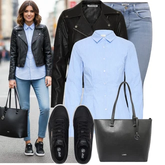 Malle Outfit s Černá/Bílá/Šedá/Tmavě šedá Shopper taška/Taška Na Rameno/Sportovní Taška Přes Rameno/Kancelářská Taška/Obchodní Taška L.CREDI "Stylová kombinace na jaro"Look: Malle, Bar, Koncert, Den matek, Škola