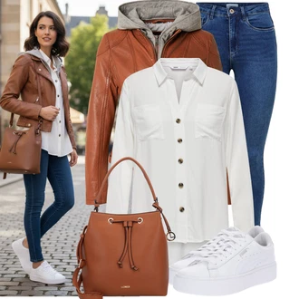 Baseball Outfit s Šedá/Krémová/Bílá/Khaki Blůza s nášivkou na lokti/Halenka s Dlouhým Rukávem/Blůza s knoflíčkem Only "Stylové kombinace pro volný čas"Look: Na Procházku, Volný čas, Baseball
