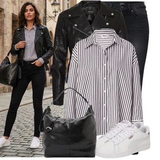 Styl Outfit s Černá/Šedá/Tmavě šedá Kožená bunda/Slim Fit Džíny/High Waist Džínové Kalhoty/Push up Džín/Zimní bunda/Džíny s Rozparkem/Kožené Boty/Termální Džíny/Motorkářské Džíny Only "Stylový look na jaro"