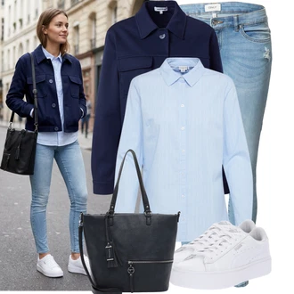 Baseball Outfit s Světle modrá Businessová Halenka/Slip-on Halenka/Halenka s Dlouhým Rukávem/Blůza s knoflíčkem/Halenka Slim Fit/Žehlení odolná blůza/Halenkové Body JdY "Stylový look na jaro"Look: Pracovní, Baseball, Bowling, Na Procházku