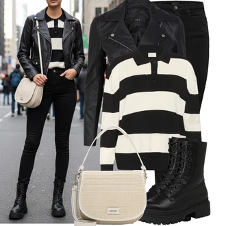 Móda pro plnoštíhlé Outfit s Černá/Tmavě šedá/Růžová/Bílá Bunda z Umělé Kůže/Motorkářské Bund/Kožené Bund/Motorkářská bunda/Bunda s Bočním Zipem yas "Stylový zimní outfity"