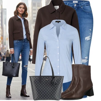 Móda pro plnoštíhlé Outfit s Modrá Kožené bundy/Džíny s Dírou/Kotníková Bota/Džíny s Rozparkem/Kožená bunda/Push up Džín Only, Světle modrá Halenka Slim Fit/Halenkové Body/Žehlení odolná blůza/Halenka s Dlouhým Rukávem/Blůza s knoflíčkem/Businessová Halenka More & More "Stylový zimní outfity"