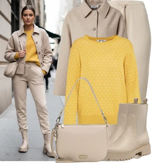 Outfit s Hnědá/Béžová/Khaki Kozačka Chelsea Boty/Plochá Kotníková Bota/Kožená bunda/Gumová Kotníková Bota/Kotníková Bota s Podšívkou About You "Stylový zimní outfity"