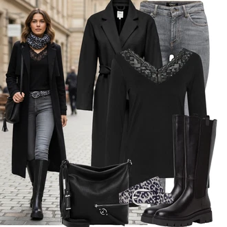 Jednobarevný Outfit s Černá Ovčí Kožešinová Bota/Bota na Platformě/Jezdecká Bota/Dlouhá Kozačka/Klasická kozačka/Kozačka po Kolena/Bota se širokým nohavici/Kozačka se zipem Tamaris "Stylový zimní outfity"