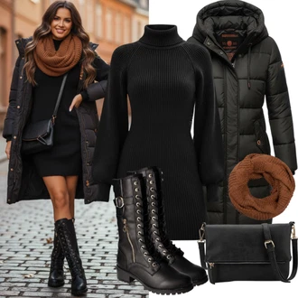 Ležérní outfity Od 60 let s Černá Merino bunda/Bunda s Kapucí/Nafukovací Bund/Sbalitelné Bund/Bunda z umělých vláken/Termo Bund/Zimní Bund/Prošívaná Bunda/Udržitelná bunda/Puchová Bund Pieces, Černá Dlouhé pletené šaty/Žerzejové Šaty/Šaty s 3/4 Rukávem/Šaty s dlouhým rukávem/Šaty s Páskem/Zimní Pletené Šaty/Svetrové Šaty/Tunikové šaty VERO MODA, Žlutá/Hnědá/Oranžová Šátek/Šál CODELLO, Černá/Hnědá Chelsea Boty/Plochá Kotníková Bota/Kožená bunda/Gumová Kotníková Bota Only, Černá/Růžová Taška Přes Rameno/Klasická Taška Přes Rameno/Malá Taška/Brašna/Sportovní Taška Přes Rameno Kazar "TrendovýZimníVzhled"