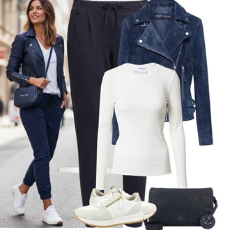 Jednobarevný Outfit s Tmavě modrá/Modrá Sportovní kalhoty/Teplák/Tréninková Kalhoty/Ležérní Kalhoty/Žerzejová Kalhoty/Navlékací Kalhoty/Jogger Kalhoty Only, Tmavě modrá/Světle modrá Motorkářské Bund/Sametová bunda/Motorkářská bunda/Bunda s Bočním Zipem Freaky Nation, Krémová/Bílá/Oranžová/Khaki Jednoduchý top/Pletený top/Pletené tričko/Košile s dlouhým rukávem/Roláková Košile/Košilový top SELECTED FEMME/Selected "zimní oblečení"