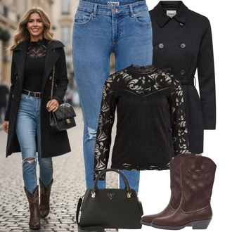 Móda pro plnoštíhlé Outfit s Černá Průhledná blůza/Blůza s nášivkou na lokti/Halenka s Dlouhým Rukávem/Krajková Tunika/Crash blůza/Krajková Halenka Vila "zimní oblečení"