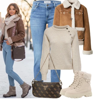 Jednobarevný Outfit s Světle modrá/Modrá Džíny s Rozparkem/Džín s Nízkým Pasem/Push up Džín/Kožené Boty/Slim Fit Džíny/Kotníková Bota/Džíny s Nízkým Sedem/Džíny Regular Fit/Kožená bunda/Zimní bunda Marc O'Polo "zimní oblečení"