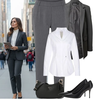 Jednobarevný Outfit s Tmavě šedá/Šedá/Světle šedá Nezařazené Pieces, Bílá/Fialová/Krémová Blůza s nášivkou na lokti/Businessová Halenka/Blůza s knoflíčkem/Halenka Slim Fit/Žehlení odolná blůza About You "zimní oblečení"