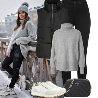 Móda pro plnoštíhlé Outfit s Černá Nafukovací Bund/Bunda 2v1/Letní peřová bunda/Bunda z umělých vláken/Přechodné Bundy/Bunda na přetažení přes hlavu/Puchová Bund JdY "zimní oblečení"