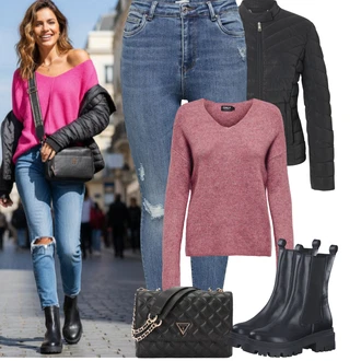 Lumberjack Outfit s Černá Chelsea Boty/Plochá Kotníková Bota/Kožená bunda/Motorkářská bota/Kotníková Bota s Podšívkou Tamaris "zimní oblečení"