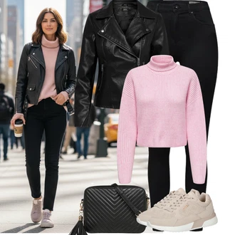 Jednobarevný Outfit s Černá Kožená bunda/Motorkářské Džíny/Termální Džíny VERO MODA, Černá Bunda z Umělé Kůže/Bunda s Bočním Zipem/Kožené Bund/Motorkářská bunda/Motorkářské Bund Only, Černá/Hnědá/Bílá Ledvinka/Klasická Taška Přes Rameno/Malá Taška/Taška na telefon/Brašna/Sportovní Taška Přes Rameno About You "zimní oblečení"