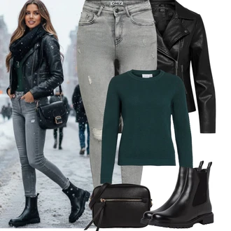 Jednobarevný Outfit s Černá Bunda z Umělé Kůže/Bunda s Bočním Zipem/Kožené Bund/Motorkářská bunda/Motorkářské Bund Only, Černá/Bílá/Hnědá Pánská taška/Pásková taška/Plážová Taška/Taška/Klasická Taška Přes Rameno/Malá Taška/Brašna/Sportovní Taška Přes Rameno/Cestovní Taška About You, Černá Chelsea Boty/Kožená bunda Tamaris "zimní oblečení"