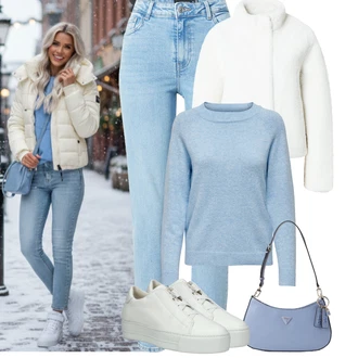 Jednobarevný Outfit s Světle modrá Džíny s Rozparkem/Girlfriend Džíny/Zkrácené Džíny/Kožené Boty/Push up Džín/Zužující se Džíny/Kotníková Bota/Navlékací džíny/Slim Fit Džíny/Džíny Regular Fit/Mom Jean/Capri Džíny/Dámské Džíny s Délkou 7/8/Kožená bunda/High Waist Džínové Kalhoty Pieces "zimní oblečení"