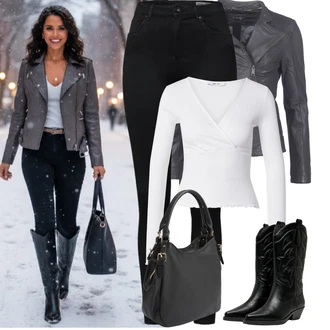 Venkovní Outfit s Černá Kožená bunda/Motorkářské Džíny/Termální Džíny VERO MODA "zimní oblečení"Look: Styl, Cool, Venkovní, Bezešvé