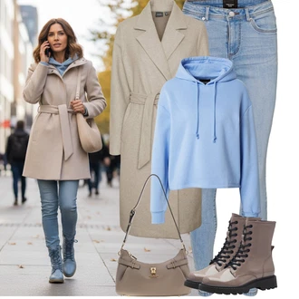Jednobarevný Outfit s Světle modrá Džínové Legíny/Skinny Kalhoty/Jeggings VERO MODA, Hnědá/Khaki/Béžová/Šedá Nezařazené VERO MODA, Světle modrá/Modrá Svetr S Kapucí/Pletená mikina s kapucí/Sportovní mikina/Originální mikina/Sportovní mikina/Vintage mikina/Oversize mikina Pieces "zimní oblečení"