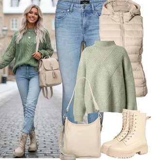 Móda pro plnoštíhlé Outfit s Světle zelená/Zelená/Tmavě zelená/Khaki Jednoduchý Svetr/Svetr s límečkem/Svetr Carmen/Hrubě pletený svetr/Kašmírový Svetr/Mohair Pullover/Oversize Svetr/Kašmírový Svetr/Rolák/Zimní Svetr/Vlněný Svetr/Pletený Svetr About You "zimní oblečení"