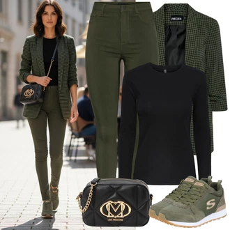 Outfit s Zelená/Tmavě zelená Lodička s Přezkou/Bota Na Pěší Turistiku/Nepromokavá Bota/Vodotěsná outdoorová Bota/Šněrovací bota/Trekingová Bota/Šněrovací Bota/Bota Bez Tkaničky Skechers "Jarní outfit"