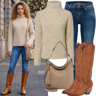 Velike velikosti outfit mit Bež/Khaki Vintage pulover/Pulover Nicki/Ženski Pulover/Pleteni Pulover/Osnovni Pulover/Volnen Pulover/Pulover Carmen filling pieces, Modra Usnjena Jakna max&co., Rjava/Bež Jahalni Škorenj/Široki škorenj/Dolg Škorenj Polo Ralph Lauren "Eleganten videz za prosti čas"