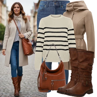 Outfit s Šedá/Hnědá/Khaki/Béžová Kašmírový Kabát/Dlouhý kabát/Midi Kabát/Zimní Kabát Vlněný kabát/Vlněný Kabát/Lodenový kabát/Tweedový Kabát/Kabát Bouclé Only "Elegantní podzimní outfit"