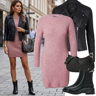 Přechodné Outfit s Černá/Tmavě šedá/Bílá/Růžová Kožené Bund/Bunda z Umělé Kůže/Motorkářská bunda/Motorkářské Bund/Bunda s Bočním Zipem yas "Jarní Outfit"