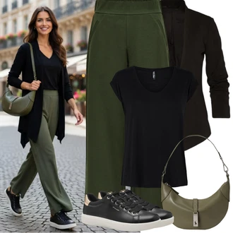 Outfit s Černá Tričko/Jednoduchý Top/Neformální tričko/Tričko s vodopádovým výstřihem/Muskulární Tričko/Krátký Top/Tričko s grafikou/Pánské boty Pieces "Jarní Outfit"