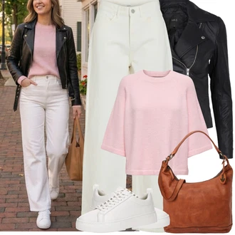 Cool Motorka Outfit s Černá/Tmavě šedá/Bílá/Růžová Kožené Bund/Bunda z Umělé Kůže/Motorkářská bunda/Motorkářské Bund/Bunda s Bočním Zipem yas "Jarní Outfit"Look: Kancelář, Cool, Motorka, Jízda na koni