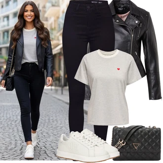 S podšívkou Outfit s Černá/Tmavě modrá Motorkářské Džíny/High Waist Džínové Kalhoty/Push up Džín/Kožená bunda/Kožené Boty/Termální Džíny/Zimní bunda Noisy may "Jarní Outfit"