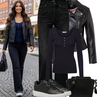 s tlačítkem Outfit s Černá Pletené tričko/Košilový top/Jednoduchý top/Dlouhá košile/Dlouhý top/Košile s dlouhým rukávem/Pletený top Pieces "Jarní Outfit"