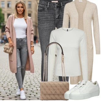 Outfity z džínu Zima s Bílá/Světle zelená/Šedá/Khaki/Hnědá/Béžová Pletené tričko/Roláková Košile/Dlouhá košile Pieces "Jarní Outfit"