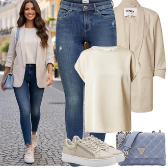 Outfit s Béžová/Khaki/Zlatý/Bílá/Hnědá Tričko nadměrné velikosti/Top Na Party/Tričko s vodopádovým výstřihem/Krátký top/Halenek top/Košilový top/Jednoduchý top/Tričko s krátkým rukávem Vila "Jarní Outfit"