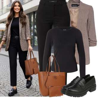 Outfit s Černá Kalhoty s 5 kapsami/Business Kalhoty/Boyfriend Kalhoty/Rovná Kalhoty/Pohodlná Kalhoty/Obleková Kalhoty/Žerzejová Kalhoty/Dlouhá Kalhoty/Úzká Kalhoty/Bengaline Kalhoty VERO MODA "Jarní Outfit"