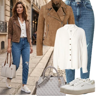 Styl Outfit s Světle modrá/Modrá Boyfriend Džínové kalhoty/High Waist Džínové Kalhoty/Džíny s Rozparkem/Kožené bundy/Kotníková Bota/Džíny s Dírou/Girlfriend Džíny Pieces "Jarní Outfit"