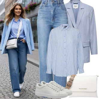 Pruhovaný Outfit s Světle modrá/Modrá Halenkové Body/Slip-on Halenka/Businessová Halenka/Oversize Halenka/Blůza s knoflíčkem/Halenka s Dlouhým Rukávem/Halenka se Stojatým Límcem VERO MODA "Jarní Outfit"