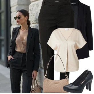 Vysoké Podpatky Outfit s Černá/Tmavě modrá/Světle modrá/Bílá Lodička na Platformě/Business Bota/Pohodlná Lodička/Lodička s vysokým nártem Tamaris "Jarní Outfit"