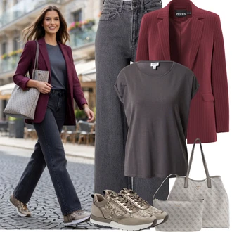 Outfit s Hnědá/Šedá/Světle šedá/Tmavě šedá Tričko/Jednoduchý top/Tričko s vodopádovým výstřihem/Funkční tričko/Pletené tričko/Muskulární Tričko/Tričko s krátkým rukávem/Sportovní tričko/Zavinovací Tričko VERO MODA "Jarní Outfit"