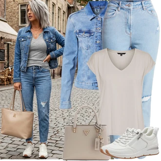 Kůže Outfit s Bílá/Šedá/Krémová Teniska Kožené Tenisky/Tenisky s Bočním Zipem Tamaris "Jarní Outfit"