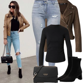 Moderní Outfit s Světle modrá/Modrá Kožená bunda/Džíny s Nízkým Sedem/Džíny s Dírou/Push up Džín/Kožené bundy/Džíny s Rozparkem Only "Jarní Outfit"Look: Styl, Cool, Disko, Moderní, Krásný, Old Money, Bezešvé