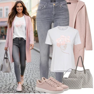 Outfit s Růžová/Fialová Pletený Kabát/Pletený Fleecový Kabát/Kašmírový Kabát Zwillingsherz "Jarní Outfit"