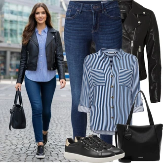 Sexy Outfit s Tmavě modrá/Bílá/Hnědá VERO MODA "Jarní Outfit"Look: Šik, Splývavé, S Mokrým Vzhledem, Francouzské, Krásný, Egirl, Sexy, Moderní, Disko, Cool