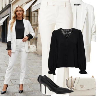 Outfit s Khaki/Krémová/Bílá Kalhoty se Štěrbinou/Kalhoty Bootcut/Rozšířená Kalhoty/Kalhoty s nášivkou uprostřed MOS MOSH "Jarní Outfit"