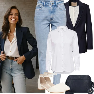 Baseball Outfit s Bílá/Krémová Halenka se Stojatým Límcem/Businessová Halenka/Halenka Slim Fit/Halenka s Dlouhým Rukávem/Halenkové Body/Žehlení odolná blůza/Blůza s knoflíčkem JdY "Jarní Outfit"Look: Baseball, Pracovní, Na Procházku