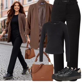Outfit s Černá Kalhoty s 5 kapsami/Business Kalhoty/Boyfriend Kalhoty/Rovná Kalhoty/Pohodlná Kalhoty/Obleková Kalhoty/Žerzejová Kalhoty/Dlouhá Kalhoty/Úzká Kalhoty/Bengaline Kalhoty VERO MODA "Jarní Outfit"