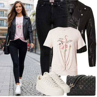 Sexy Outfit s Tmavě modrá/Bílá/Hnědá VERO MODA "Jarní Outfit"Look: Šik, Splývavé, S Mokrým Vzhledem, Francouzské, Krásný, Egirl, Sexy, Moderní, Disko, Cool